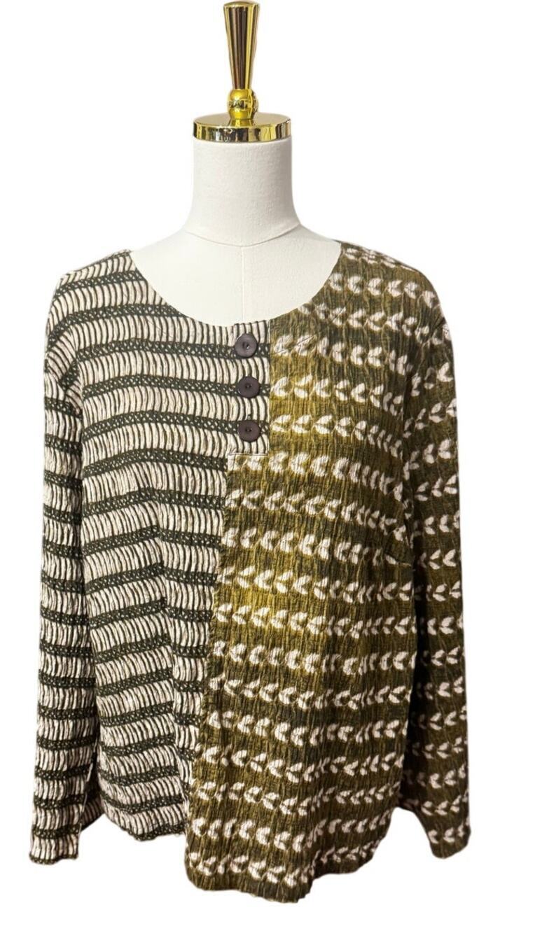Habitat Clothes to Live In Mixed Print Button Accent Top Olive Green XXL